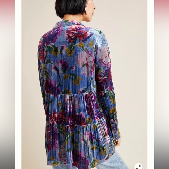 Anthropologie Maeve Velvet Blue Floral Button Down Shirt - Picture 3 of 8